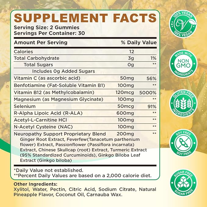 Alpha Lipoic Acid Gummies 600mg, ALA Supplement with Benfotiamine, Magnesium, NAC, Vitamin C & B12 for Nerve Support, Antioxidant and Energy & Metabolic, Vegan, Sugar Free, Pineapple Flavor, 60 Counts