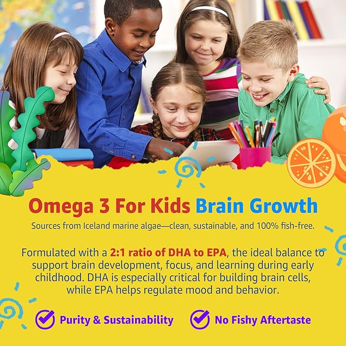 Kids Multivitamin Gummies with Iron, Sugar Free, Kids Daily Vitamins + Probiotics, Algae Omega 3 (EPA/DHA), A, C, D, Methyl B12, Folate, B6, Zinc, Biotin, for Healthy Growth, Immune Support, 60 Count