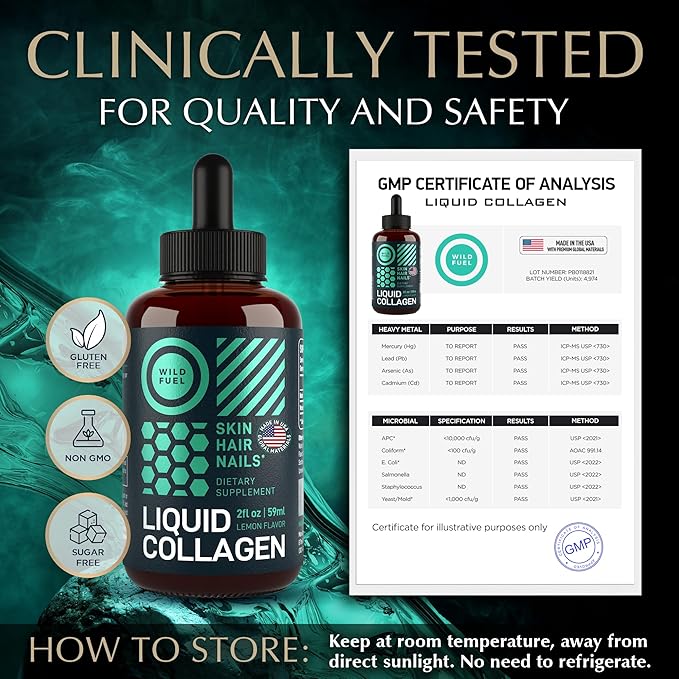WILD FUEL Liquid Collagen Peptides with Biotin Vitamins for Hair Skin and Nails - 30,000mcg Biotin and Collagen Liquid for Women and Men - Lemon Flavor, up to 2-Month - 2 oz