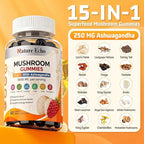 15 in 1 Mushroom Complex Gummies & Ashwagandha Gummies 3000 mg - Lions Mane, Reishi, Turkey Tail & More | Mushroom Supplement for Cognitive Function, Focus & Memory | Raspberry Gummies| Sugar-Free