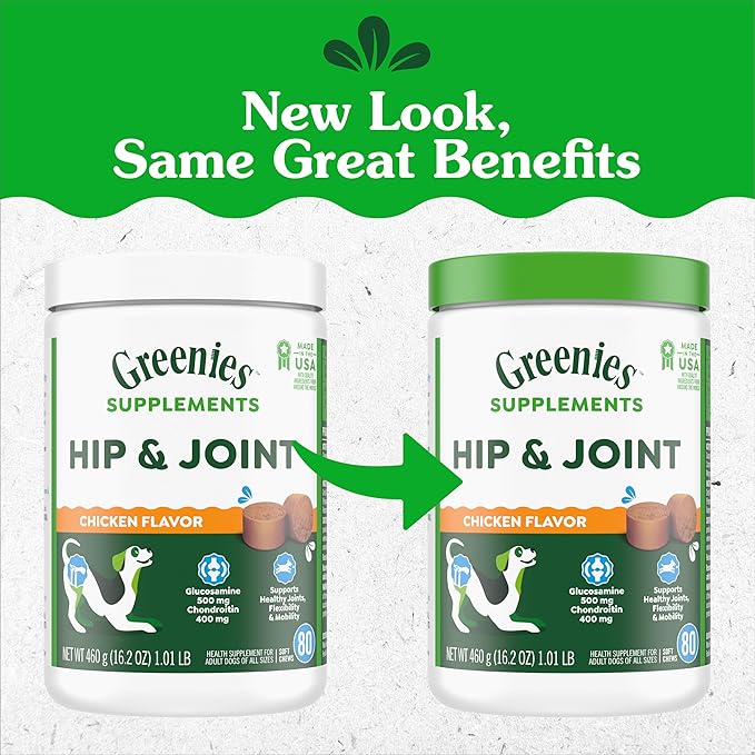 Greenies Supplements Hip and Joint Supplements for Dogs, with Chondroitin & Glucosamine for Dogs, Chicken Flavor, 16.2 oz. Container, 80 Count (Pack of 2)