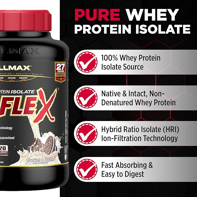 ALLMAX ISOFLEX Pure Whey Isolate Protein Powder - Gluten Free, Low Lactose, Sugar-Free - High-Protein, Clean, Keto-Friendly for Pre Post Workout Supplement for Women and Men | Cookies & Cream, 5lb