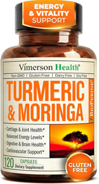 Moringa Turmeric Curcumin Supplement for Joint Health, Gut Health, Energy & Immune Support – Turmeric Curcumin with Black Pepper – Total Wellness Formula with Tumeric Moringa Pure Capsules – 120 Count