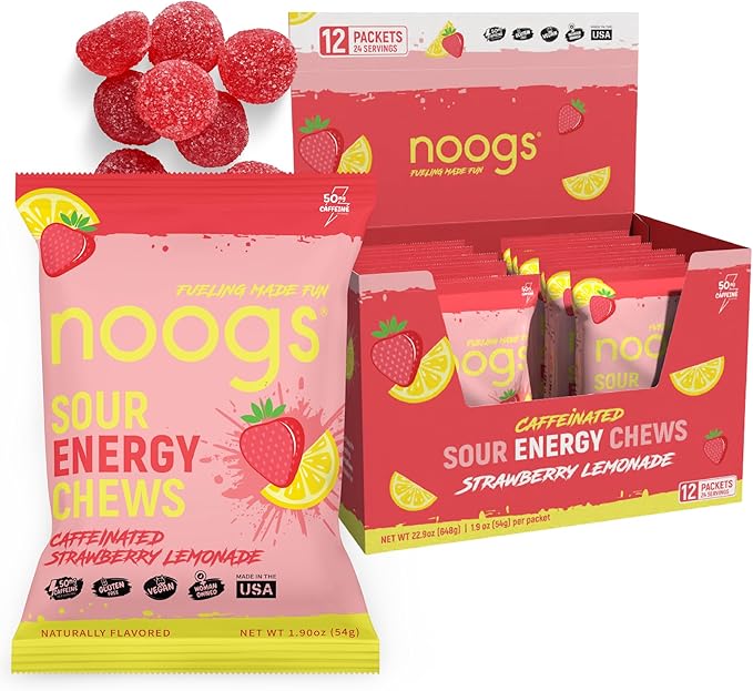 Noogs Sour Energy Chews, Strawberry Lemonade Caffeinated Electrolyte Energy Gummies, 50mg Green Tea Caffeine, Sour Candy Flavored Alternative to Running Gels, Vegan & Gluten Free, 12 Pack