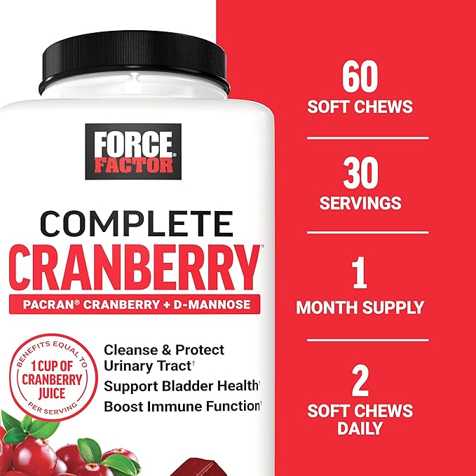 Force Factor Cranberry Soft Chews, Cranberry Supplement with D Mannose and Cranberry Extract to Support Bladder and Urinary Tract Health for Women, Vegan, Sweet Cranberry Flavor, 60 Soft Chews