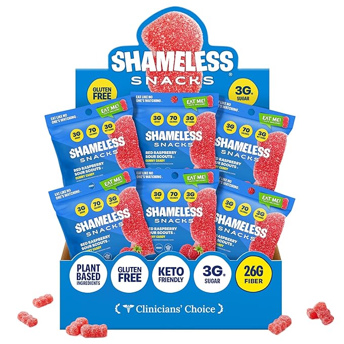 Shameless Snacks - Healthy Low Calorie Snacks, Low Carb Keto Gummies (Gluten Free Candy) - 6 Pack Red Raspberry Sour Scouts