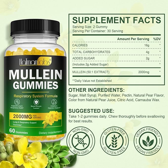 120 Count Mullein Gummies for Lungs, 2000mg Mullein Leaf Extract for Lung Cleanse and Respiratory Support, Natural Mullein Herbal Supplement, Pear Flavor Gummies