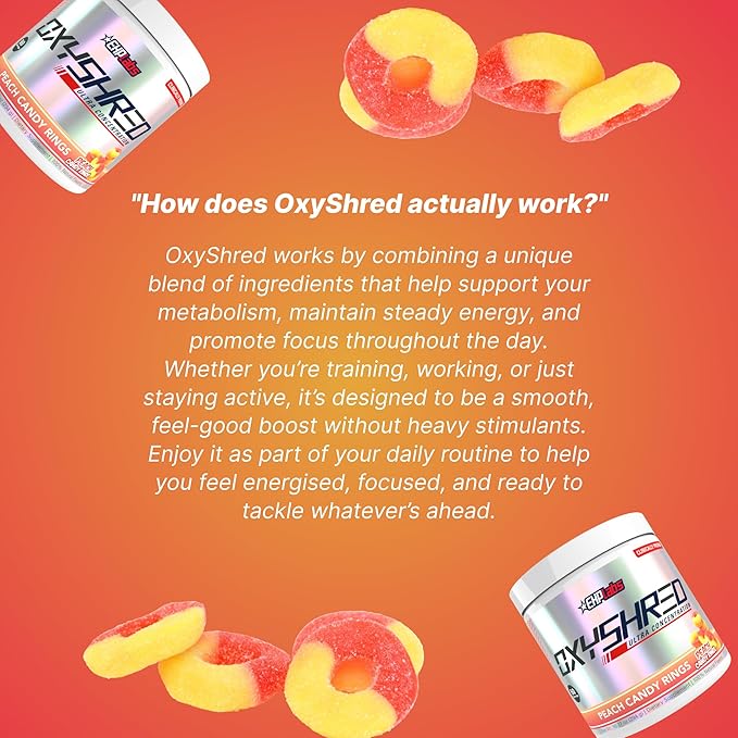 EHP Labs OxyShred Pre Workout Powder - Preworkout Powder with L Glutamine & Acetyl L Carnitine, Energy Boost Drink - Peach Candy Rings, 60 Servings