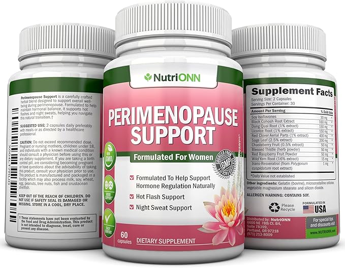NutriONN Perimenopause Supplement for Women - Natural Support for Hot Flashes & Night Sweats - Improved Mood & Sleep - 11 Herbal Ingredients with Black Cohosh & Red Clover - Hormone Balance - Non-GMO