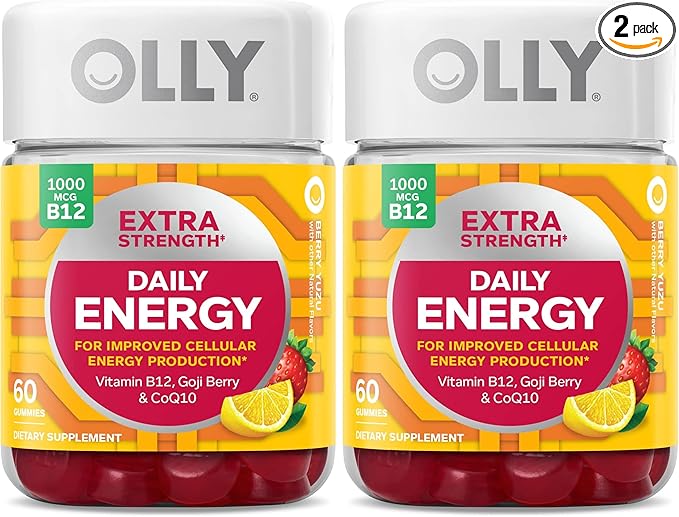 OLLY Extra Strength Daily Energy Gummy,Caffeine Free,1000mcg Vitamin B12,CoQ10,Goji Berry,Adult Chewable Supplement,Berry Yuzu Flavor -,60 Count (Pack of 2)