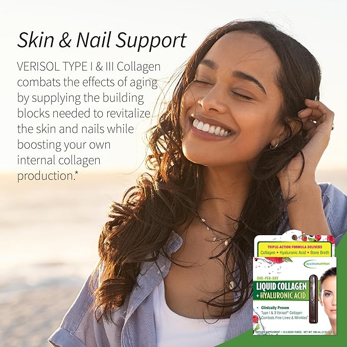 Applied Nutrition Liquid Collagen + Hyaluronic Acid - 10 Liquid Tubes - Skin & Nail Restoration - Mixed Berry Flavor - 10 Servings