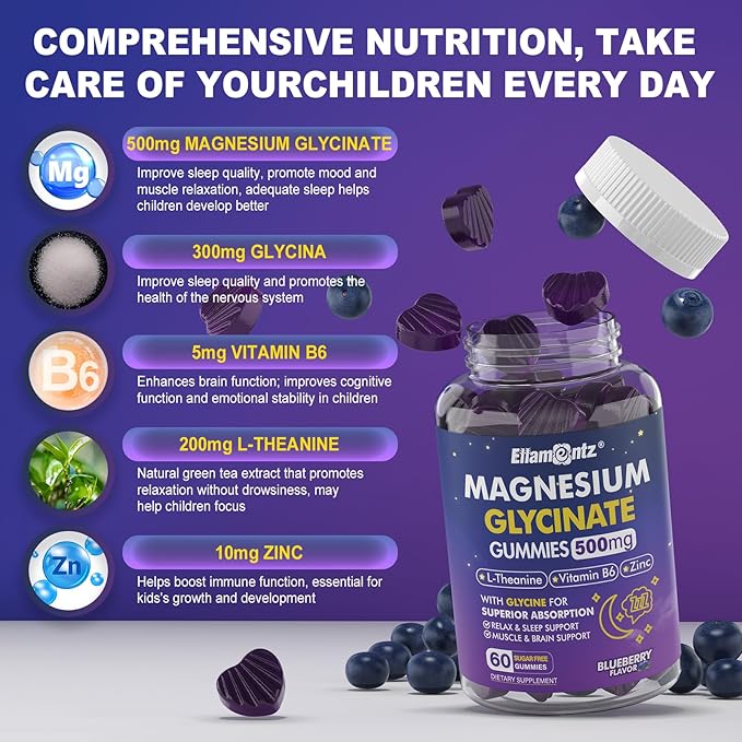 Magnesium Glycinate Gummies 500mg/250mg for Adults Kids Teens, Sugar Free Magnesium Calm Sleep Aid, Kids Sleep Gummies with L-Theanine Glycine B6 for Sleep, Calm, Muscle,Relax Brain,No Melatonin,2Pack
