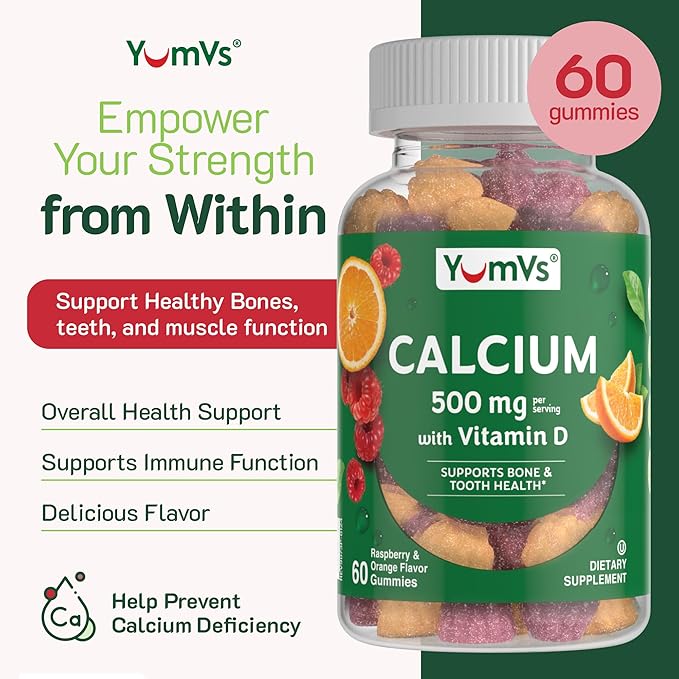 YUM-V'S Calcium 500mg with Vitamin D3 - Raspberry & Orange Flavor Calcium Vitamin D Gummies, Chewable Calcium Supplement for Kids & Adults, Vitamin D Calcium Gummies (60 Count (Pack of 2)