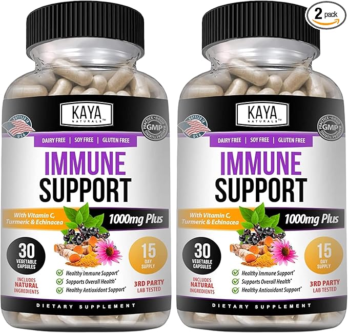 Kaya Naturals Elderberry Immune Support | Vitamins with Zinc and Vitamin C for Adults, Probiotics & Turmeric 1000mg Immune System Booster Sambucus Capsules - 30 Count (Pack of 2)