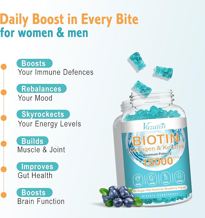 Biotin with Collagen Gummies, Hair Skin and Nails Vitamins Gummies for Hair Growth, Glowing Skin & Strong Nails - Blueberry Flavor, Sugar Free, 120 Count
