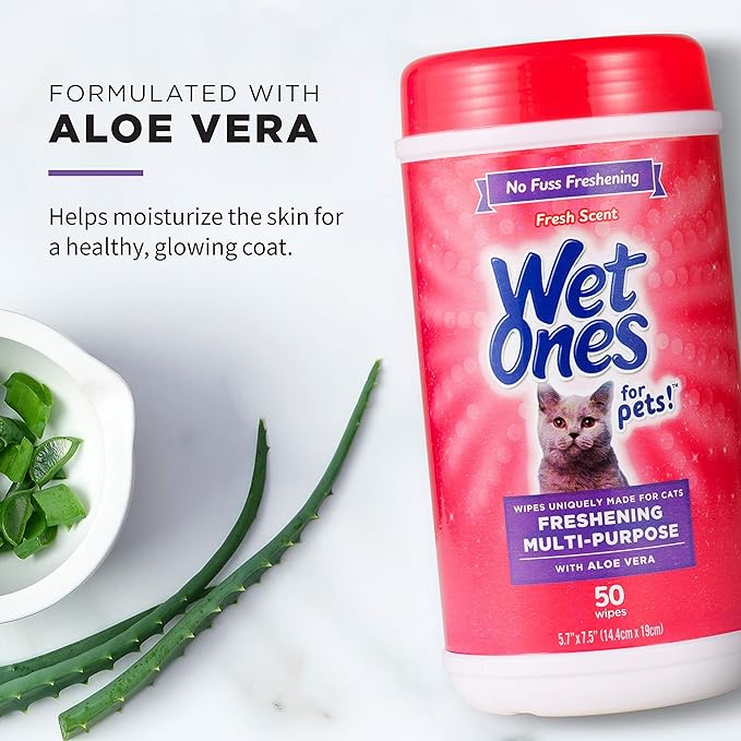 Wet Ones for Cats Freshening Wipes, Multi-Purpose Cat Grooming Wipes with Aloe Vera, Helps Remove Dirt, Odor, and Dander Between Baths, Fresh Scent, 50 Count - 3 Pack