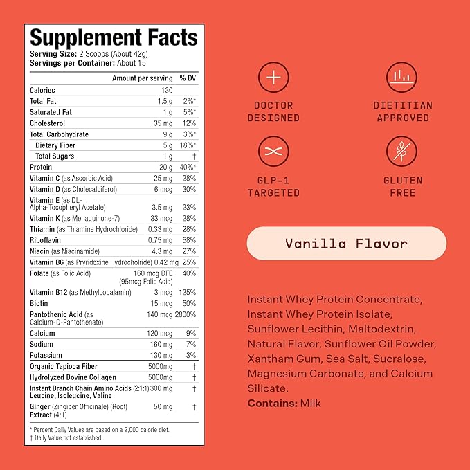 GLP-1 Nutritional Support Supplement, Vanilla 21.4oz – Protein & Vitamin Doctor-Designed Daily Shake for GLP1 Users with Fiber, Collagen & BCAAs, Helps Maintain Nutritional Balance