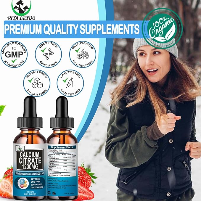 Calcium Citrate Supplement,1200mg Calcium with Vitamin D3 Drops for Bone,Teeth,Colon,Cardiovascular Health,High Absorption Liquid Calcium Magnesium Citrate 400mg Plus Zinc Vitamin K2,Vegan,30 Servings