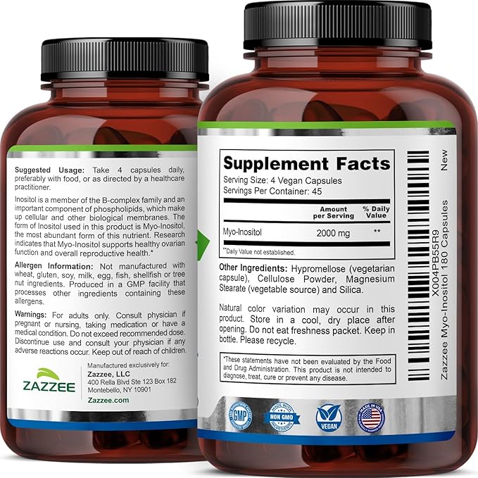 Zazzee Myo-Inositol Capsules, 2000 mg per Serving, 180 Vegan Capsules, Ideal Dosage for 40:1 Ratio, Certified Kosher, Hormone Balance & Healthy Ovarian Function Support, Non-GMO, Made in the USA