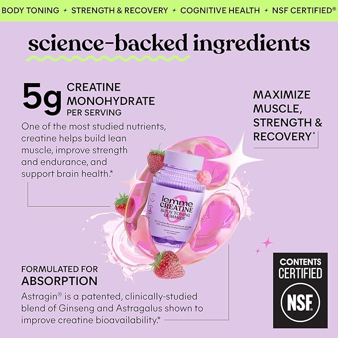 Lemme Creatine Monohydrate Gummies for Women and Men, 5g Dose to Support Lean Muscle, Strength, Recovery, Cognitive Health, w/Ginseng for Absorption, Sour Strawberry, NSF Certified, 60 Gummies