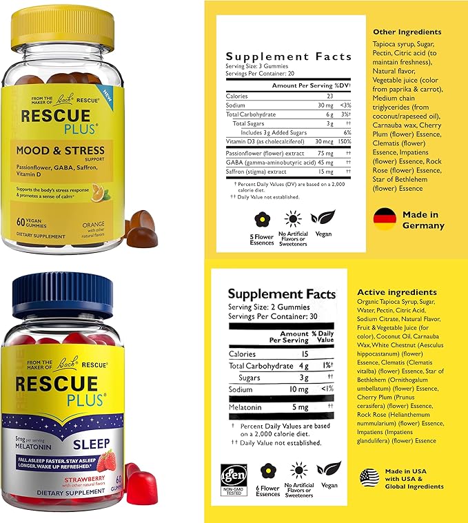 Bach Rescue Plus Sleep Gummies with 5mg Melatonin/dose [and] Bach Rescue Plus Mood & Stress Support Gummies with Key Nutrients and Botanicals - 2PK Dietary Supplements, 60Ct Each