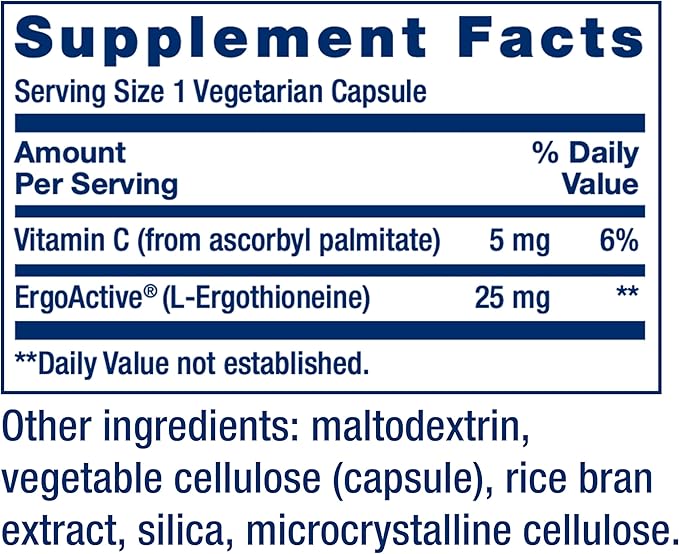Life Extension Mega L-Ergothioneine, Healthy Aging Amino Acid, antioxidant, Powerful 25 mg dose, L-ergothioneine, Gluten-Free, Non-GMO, Vegetarian, 30 Capsules