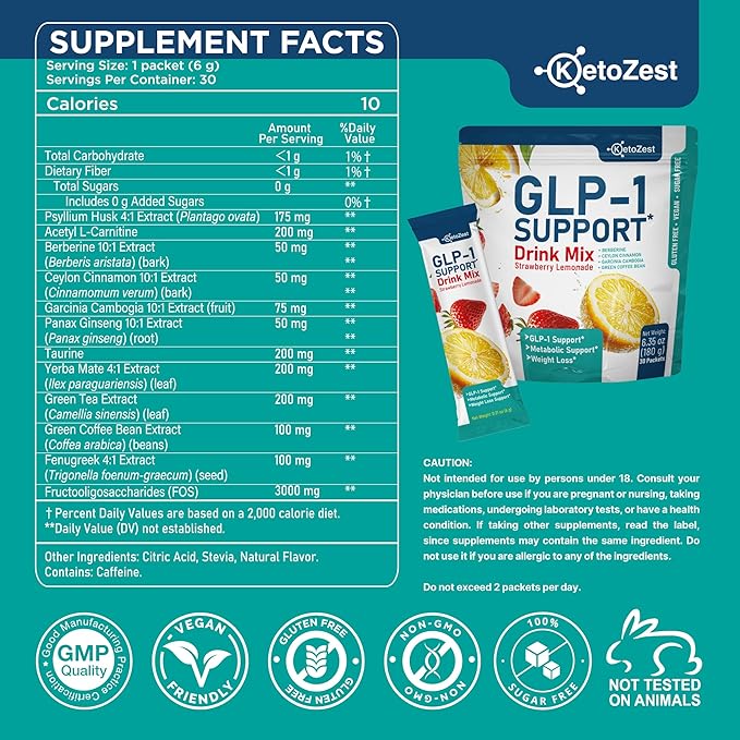 GLP-1 Support Drink Mix Powder for Women Men - Weight Loss Support Prebiotic Fiber Supplement - Daily Natural Drink Mix for Metabolism Reduce Bloating Fat Burn Gut Health Support