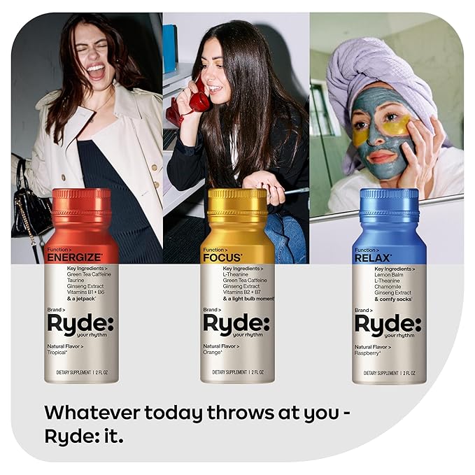 Ryde: Discovery Pack | Energize, Focus & Relax Shots | Green Tea Caffeine, Taurine, Ginseng, B Vitamins, L-Theanine, Lemon Balm, Chamomile | 0 Calories, 0 Sugar | Variety Pack – Try Them All (24 Pack)
