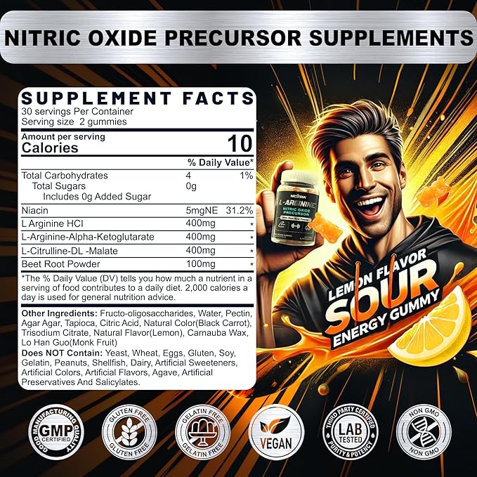 Nextdia Sugar Free L Arginine Nitric Oxide Gummies 1300mg for Men & Women with L Citrulline, Beet Root, B3 | L Arginine L Citrulline Supplements | Vegan, 120 Counts