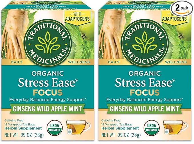 Traditional Medicinals Organic,Stress Ease Focus,Ginseng Wild Apple Mint Tea - Balanced Energy Support & Adaptogens - Kosher,Non-GMO,Caffeine-Free,Compostable - 16 Tea Bags,(Pack of 2)