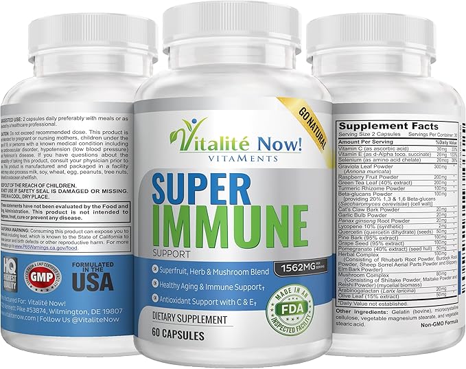 Super Wellness Immune Booster - Quercetin Immunity Support, 25 Vitamins, Herbs, Superfoods, Mushrooms - Vitamins C & E - Selenium - Turmeric - Immune Defense Supplement - 60 Capsules