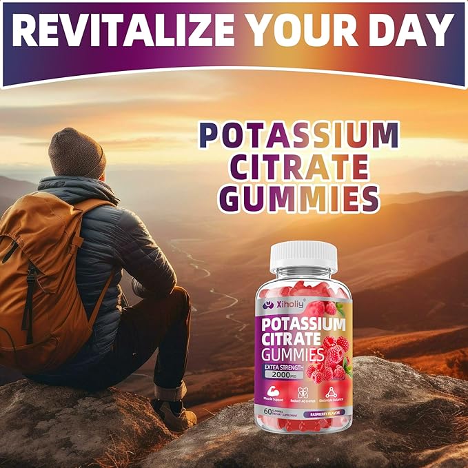Potassium Citrate Gummies 2000mg, High Potency Electrolyte Gummies, Potassium Supplement with Magnesium glycinate, Zinc, Vitamin C D3 K2, for Electrolyte Balance, Leg Cramps, Muscle Support, 60 Chews