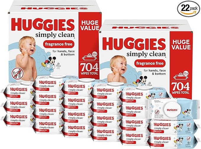 Huggies Simply Clean Unscented Baby Diaper Wipes, Flip-Top Packs (704 Wipes Total), Packaging May Vary (Pack of 22)