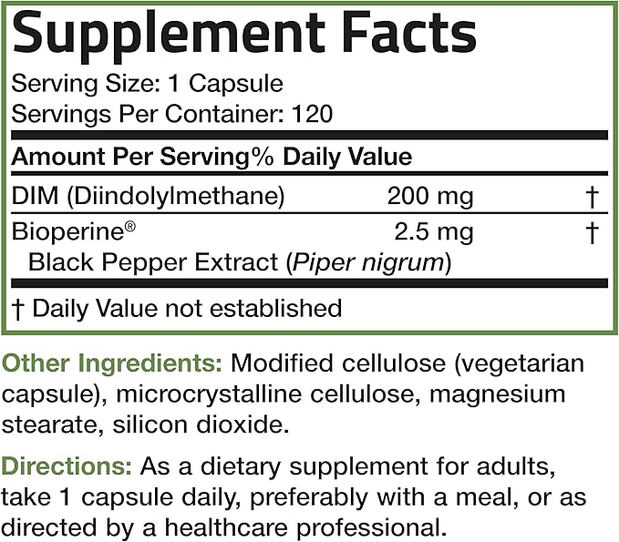 Bronson DIM Supplement 200 MG Diindolymethane with BioPerine for Enhanced Absorption, Estrogen Metabolism & Maintains Balanced Hormone Levels, 120 Vegetarian Capsules