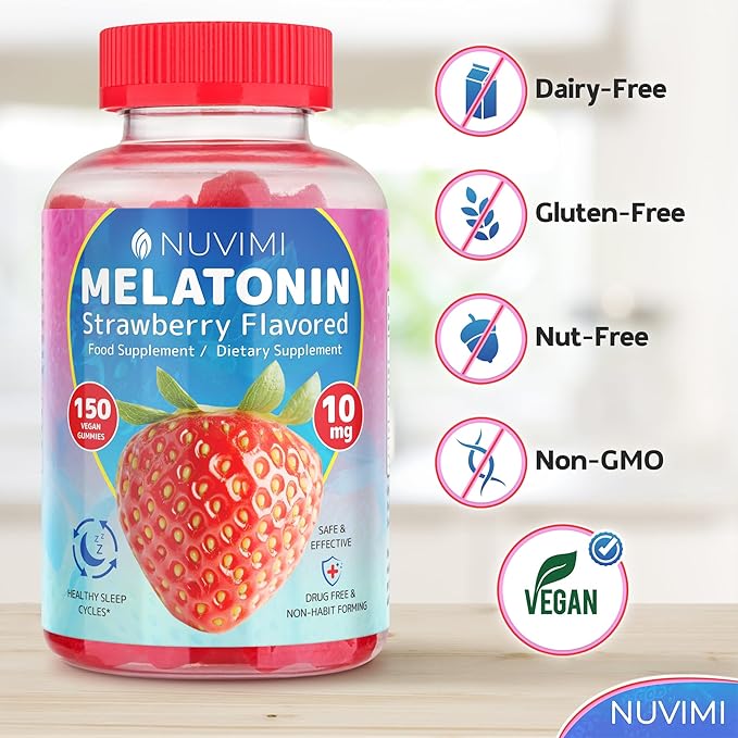 Melatonin Gummies - 10 mg Strawberry Flavored Dietary Food Supplement to Help Support Sleep - 150 Vegan Gummies