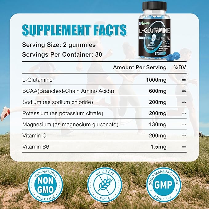 L-Glutamine Gummies 1000mg with BCAA, Potassium, Magnesium & Vitamin C, Muscle Recovery, Endurance Support & Daily Nutrition, Portable Supplement for Men＆Women, Lime Grapefruit Flavor, 240 Count
