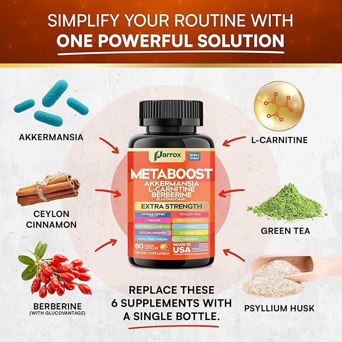 GLP-1 Booster Supplement, Akkermansia, L-Carnitine, Berberine (GlucoVantage), Methylfolate, Methylated B12, Chromium, Capsimax, Psyllium Husk, Probiotics Vitamins D3, B6, 20-in-1 Plant-Based (3 Pack)