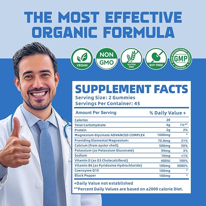 Magnesium Glycinate Gummies 1000mg with Magnesium L-Threonate,Chelated Magnesium Potassium Complex Supplement with VitD, B6, CoQ10, Calcium,Supports for Memory, Calm, Mood - 90 Gummies Blueberry