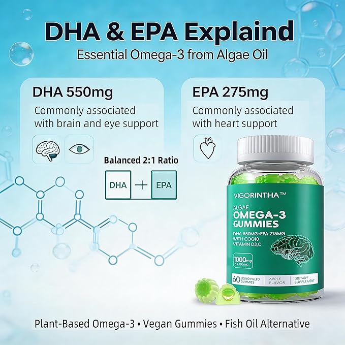 Vegan Omega-3 Algae Oil Supplement with DHA 300mg & EPA 150mg, Plant-Based Omega-3 with Vitamin D3 & K2, Fish-Free Algal Oil Softgels for Men & Women, 2 Pack, 120 Softgels, 60 Day Supply