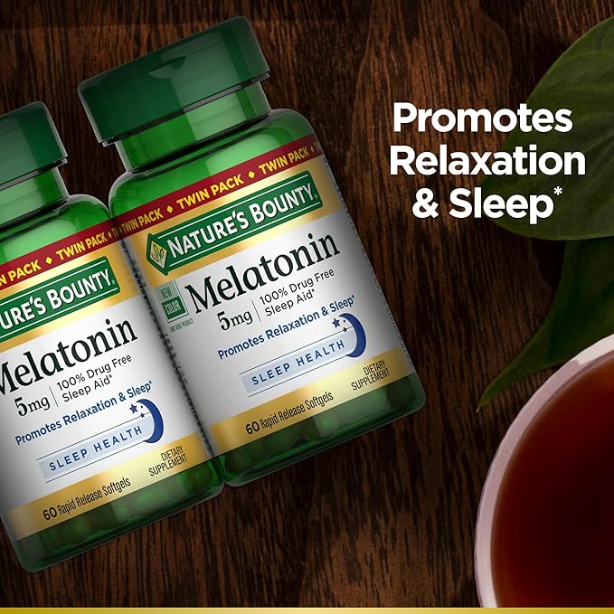 Nature's Bounty Melatonin 5mg, 100% Drug Free Sleep Aid, Dietary Supplement for Relaxation and Sleep Health - 4 Month Supply, 60 Rapid Release Softgels Twin Pack (120ct) (Pack of 2)