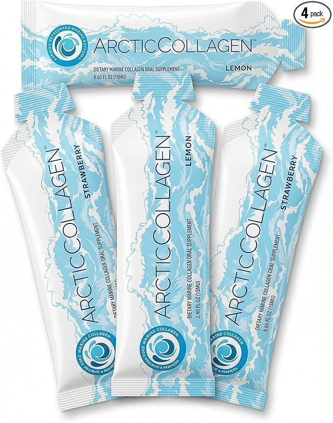 8000mg Liquid Marine Peptides | Hydrolyzed Arctic Collagen for Skin, Hair & Joints | 4-Pack Variety: Strawberry & Lemon (Sugar-Free)