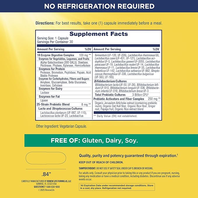 Renew Life Digestive Duo Probiotic and Enzymes Vegetarian Capsules, Probiotic Promotes Digestive Health, Fast-Acting Enzymes Aid Digestion, With Soothing Herbs - 30 Count