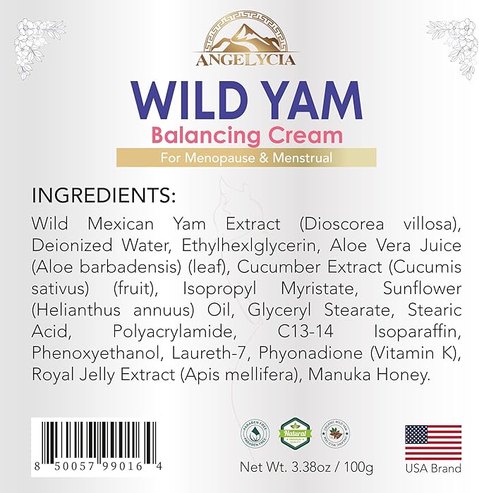 ANGELYCIA Organic Wild Yam Cream for Hormone Balance - Natural Support for Menopause, Perimenopause & PMS Relief - Pure Wild Yam Root Extract Estrogen-Free Balancing Cream for Women - 2 oz