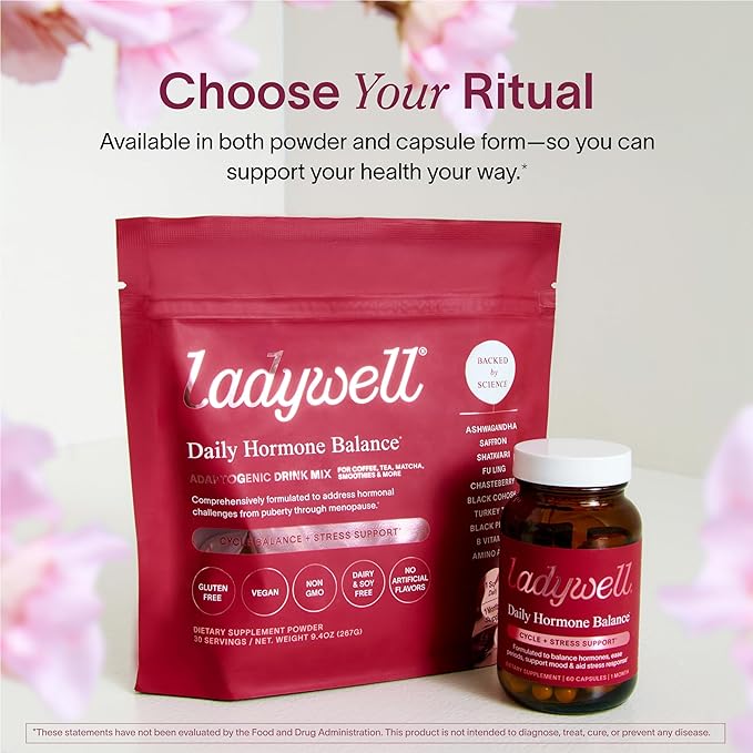 Ladywell Daily Hormone Balance Capsules | Natural Cycle Support for Women | Supports Mood, Bloating, Cramps, Skin Health & Cravings | with Chasteberry, B Vitamins, Ashwagandha, Saffron & More | 60 Ct