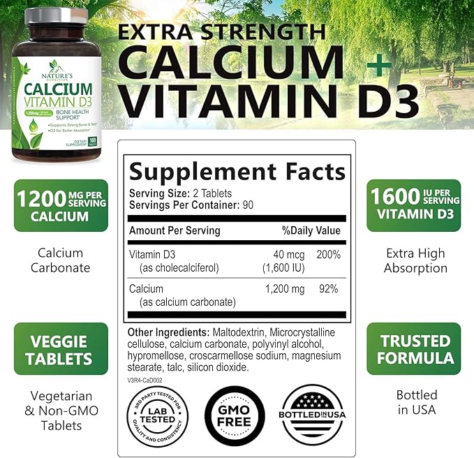 Calcium Supplement with Vitamin D3-1200 mg Calcium per Serving with D3 for Best Absorption - Supports Immune Health, Bones & Teeth - Nature's Calcium is Bottled in USA for Women & Men - 180 Tablets