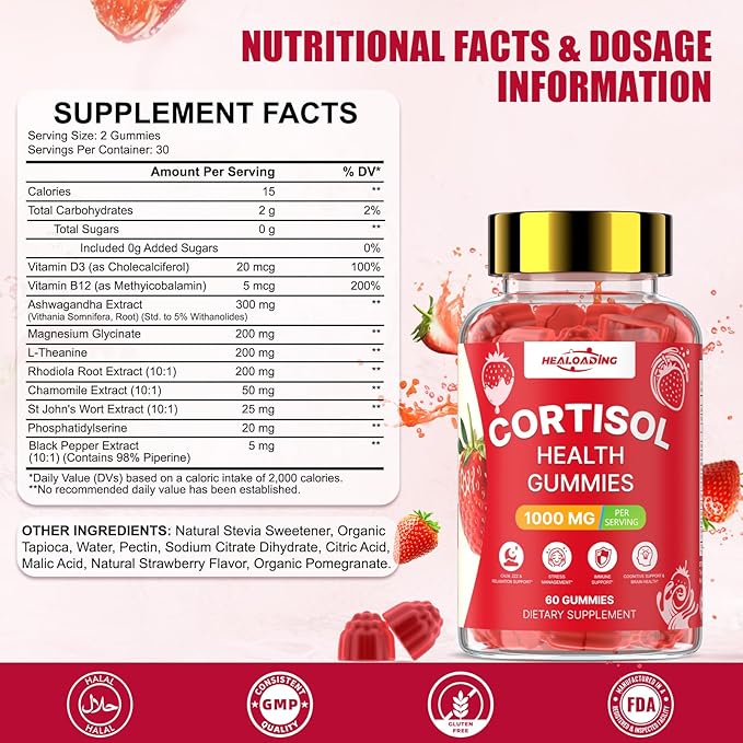 Cortisol Supplements for Women: Cortisol Reducer Gummies with Ashwagandha Magnesium L-theanine Phosphatidylserine Vitamin B12 for Daily Relaxation Support