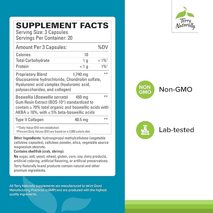 Terry Naturally Be Mobile - Collagen Supplement for Joint Health Support - Dietary Supplement with Boswellia Extract & Type II Collagen - Lower Back & Knee Support Supplement - 60 Capsules