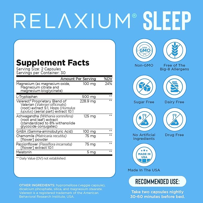 Relaxium Sleep Aid for Adults - Melatonin 5mg with Magnesium Glycinate, Valerest & Ashwagandha - Non-Habit Forming Sleep Support for Falling Asleep & Staying Asleep - 60 Capsules (30-Day Supply)