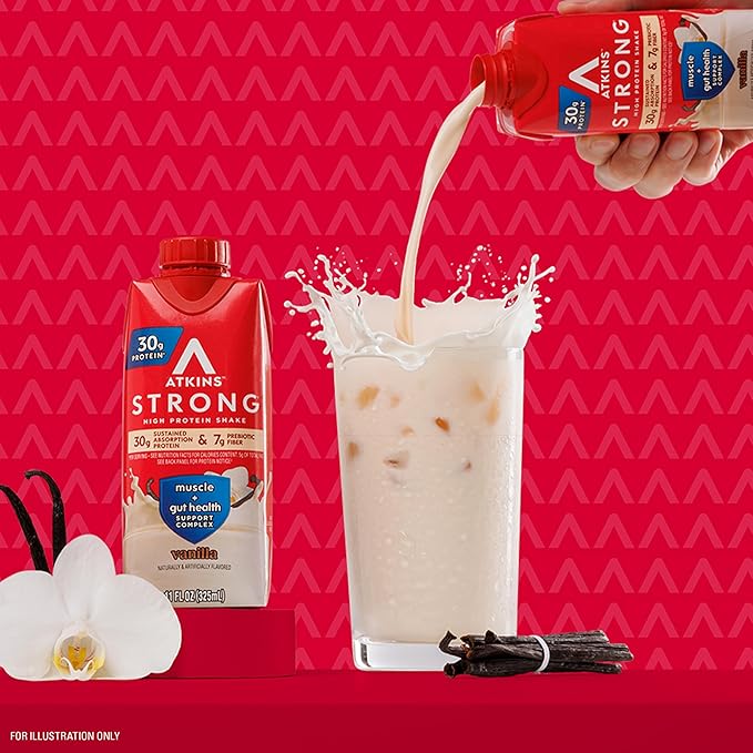 Atkins Strong High Protein Shake,Vanilla Flavored,30g Protein,Low Carb and Low Sugar Shake,Keto Friendly,Gluten Free,Muscle and Gut Health Support Complex,(Pack of 24)