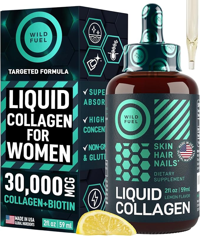 WILD FUEL Liquid Collagen Peptides with Biotin Vitamins for Hair Skin and Nails - 30,000mcg Biotin and Collagen Liquid for Women and Men - Lemon Flavor, up to 2-Month - 2 oz